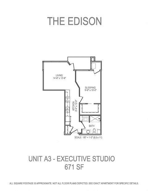 Floor plan for studio, 1 bath, 671 sqft